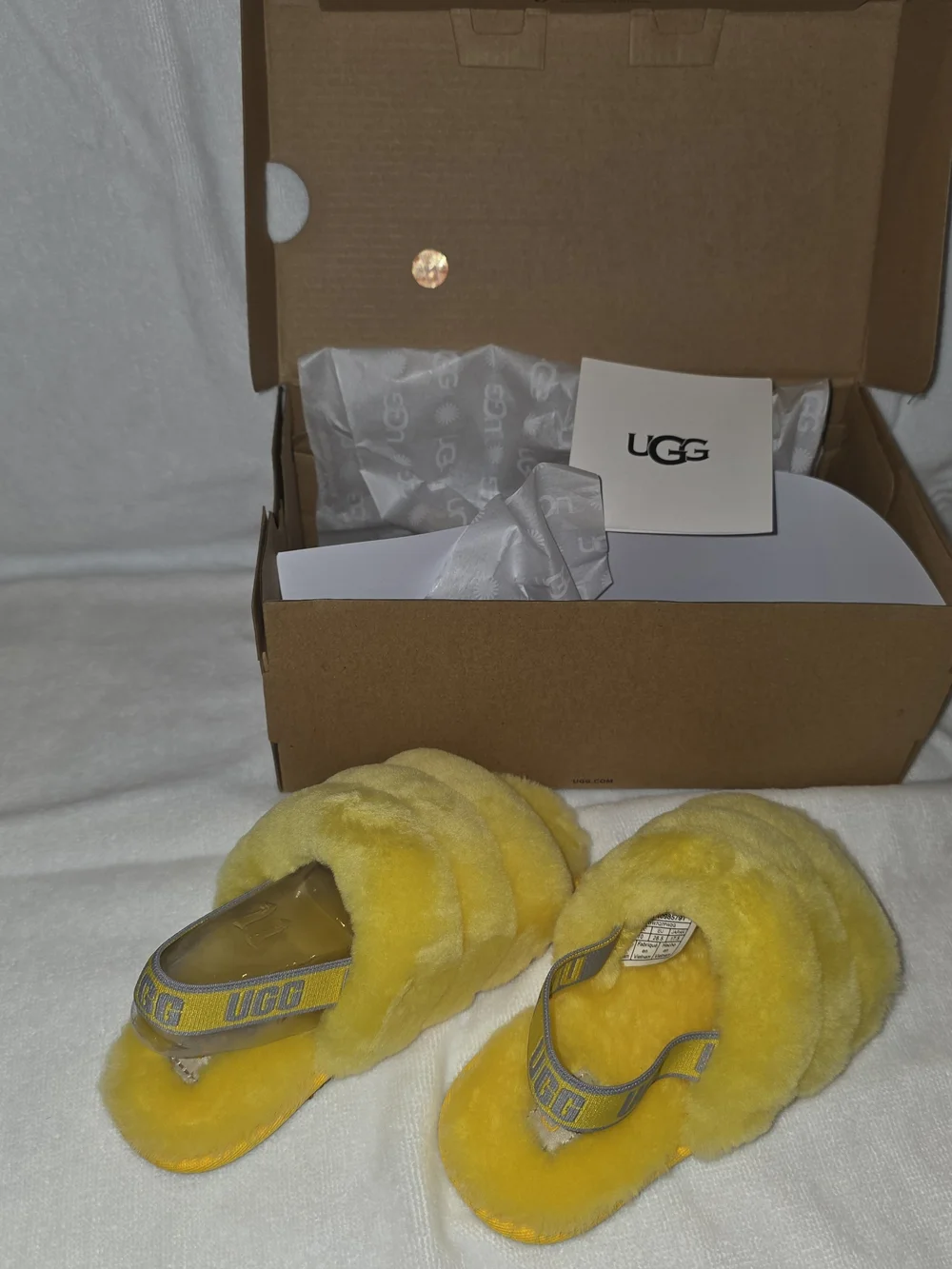 UGG Kids Yellow Fluff Slide with Branded Heel Strap
